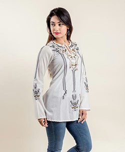 Beige and white fashion collection with formal wear, embroidery, trousers: Kurti top,  Formal wear,  Beige And White Outfit,  Jeans & Kurti Combination  