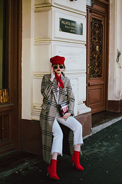 Red attire with trousers, uniform, coat: Street Style,  Red Outfit,  Outfits With Beret  
