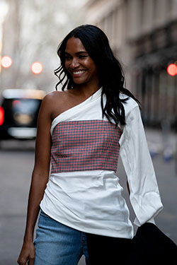 White outfit style with blouse: Fashion week,  White Outfit,  Street Style,  One Shoulder Top  