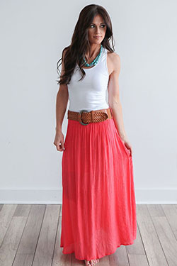 Colour outfit ideas 2020 maxi nederdel coral, cocktail dress, fashion model, casual wear, long skirt, day dress, crop top: Cocktail Dresses,  Crop top,  Long Skirt,  fashion model,  day dress,  White And Pink Outfit,  Orange Outfits,  Twirl Skirt,  High-Low Skirt,  Swing skirt,  tank top  