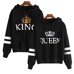 King queen hoodies for couples: T-Shirt Outfit,  White Outfit,  Fashion accessory,  Matching Couple Outfits,  Black Hoodie  