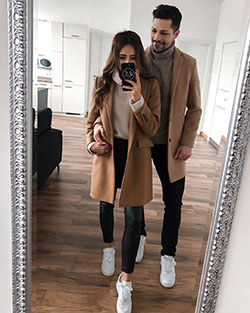 Couple outfit match coat, fashion accessory, leather jacket, couple costume, trench coat: Trench coat,  Couple costume,  Fashion accessory,  Matching Couple Outfits,  Khaki Outfit,  Brown Trench Coat  