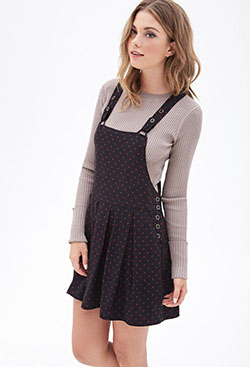 Overall skirts for womens, casual wear, polka dot, day dress, t shirt: T-Shirt Outfit,  day dress,  Black And White Outfit,  Jumper Dress  