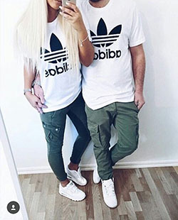 Matching adidas outfits for couples: T-Shirt Outfit,  White Outfit,  Fashion accessory,  Street Style,  Matching Couple Outfits  