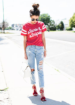 Sporty summer outfits girls high heeled shoe, street fashion: Jean jacket,  T-Shirt Outfit,  Street Style,  White And Red Outfit,  High Heeled Shoe,  4th July Outfit  