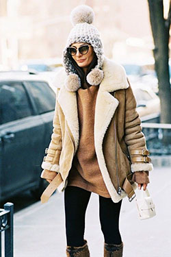 Winter warm jackets with leggings: winter outfits,  Shearling coat,  Street Style  