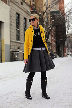 Yellow outfit Pinterest with denim skirt, skirt, coat: Denim skirt,  T-Shirt Outfit,  Street Style,  yellow outfit,  Boot Outfits  