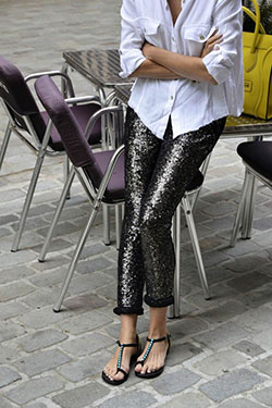 Purple colour ideas with trousers, leggings, tights: T-Shirt Outfit,  Sequin Dresses,  Street Style,  Purple Outfit  