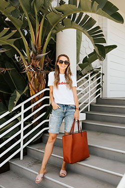 Bermuda shorts outfit ideas women: Bermuda shorts,  T-Shirt Outfit,  Orange And White Outfit  