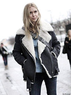 Shearling jacket women street style: winter outfits,  Shearling coat,  Flight jacket,  White Outfit,  Street Style  