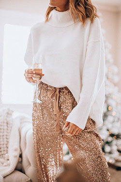 White outfit style with trousers, sweater, skirt: White Outfit,  Comfy Outfits,  Bell Bottoms,  Turtleneck Sweater Outfits  