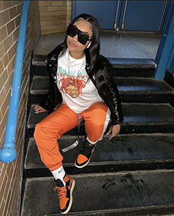 Orange colour outfit ideas 2020 with denim, jeans: Black hair,  Orange Outfits,  Girls Tomboy Outfits  