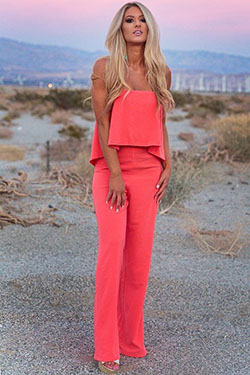 Coral and pink colour combination with romper suit, trousers: Romper suit,  fashion model,  Orange Outfits,  Coral And Pink Outfit  