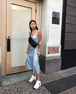 Silk slip dress with sneakers: Slip dress,  White Outfit,  Street Style  