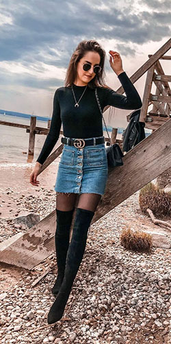 Jean skirt in winter, street fashion, denim skirt: Denim skirt,  Street Style,  Turquoise And Brown Outfit  
