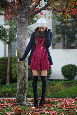 Burgundy lace dress with cardigan: Knee highs,  Street Style,  Thigh High Socks,  Cardigan  