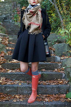 Brown and red colour outfit, you must try with little black dress, little black dress, trousers, tartan: Wellington boot,  Street Style,  Boot Outfits,  Little Black Dress,  Brown And Red Outfit  