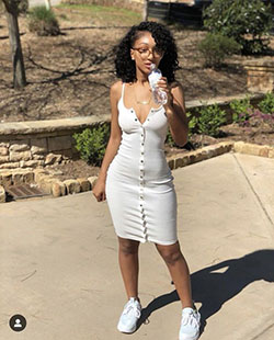 White colour outfit with fashion accessory, denim skirt: Bodycon dress,  White Outfit,  Fashion accessory  