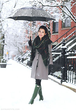 Wool coat in snow, wellington boot, winter clothing, street fashion, j.crew: winter outfits,  green outfit,  Wellington boot,  Street Style,  Boot Outfits  