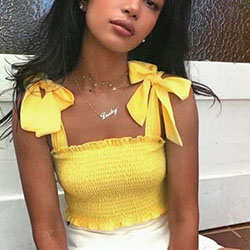 Yellow bow tie crop top: Crop top,  Sleeveless shirt,  shirts,  Bow tie,  Orange And Yellow Outfit,  Bandeau Dresses,  yellow top  