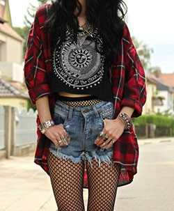 Colour outfit grunge outfit fishnet, grunge fashion, street fashion, casual wear, punk rock: Grunge fashion,  Punk rock,  Street Style,  Black And Red Outfit,  T-Shirt Outfit  