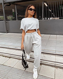Pretty little thing jogger, street fashion, casual wear, crop top, t shirt: Crop top,  T-Shirt Outfit,  White Outfit,  Street Style,  Loungewear Dresses  