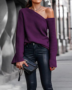 Purple colour outfit, you must try with bell sleeve, blouse, jeans: fashion model,  Bell sleeve,  T-Shirt Outfit,  Street Style,  Purple Outfit,  One Shoulder Top  