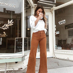 Corduroy flare pants outfit, street fashion, bell bottoms: Street Style,  Brown And White Outfit,  Bell Bottoms,  Corduroy Pant Outfits  