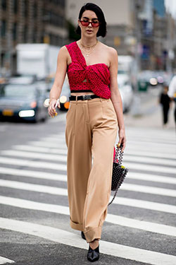 One shoulder top street style: Crop top,  fashion model,  Fashion week,  Street Style,  Yellow And Beige Outfit,  One Shoulder Top  