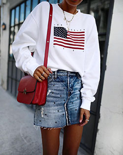 White and blue dresses ideas with denim skirt, miniskirt, hoodie: Denim skirt,  Street Style,  White And Blue Outfit  