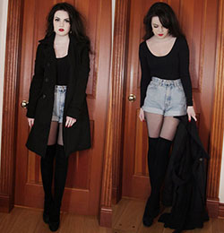 Knee high socks trench coat look: Trench coat,  Black Outfit,  Knee highs,  Thigh High Socks  