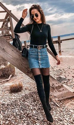 Denim skirt with knee high boots: Denim skirt,  Knee highs,  Street Style,  Knee High Boot,  Turquoise And Brown Outfit,  Chap boot  