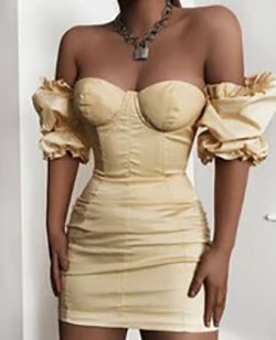 Corset dress with puff sleeves: party outfits,  Cocktail Dresses,  Strapless dress,  Sheath dress,  Beige Outfit,  Bodycon dress  