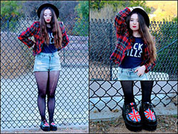 Pink and red dresses ideas with tights, shorts, tartan: Street Style,  Pink And Red Outfit,  Creepers Outfits  