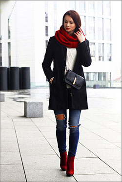 Black and red colour outfit ideas 2020 with fashion accessory, jeans, coat: Fashion accessory,  Street Style,  Black And Red Outfit,  Outfit With Boots  