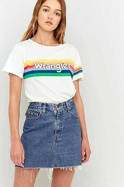 Outfit ideas wrangler rainbow shirt, crop top, t shirt: Crop top,  T-Shirt Outfit,  White Outfit,  Denim skirt  