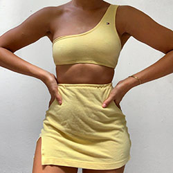 Yellow and beige colour outfit with shorts, skirt: Yellow And Beige Outfit,  Bandeau Dresses  
