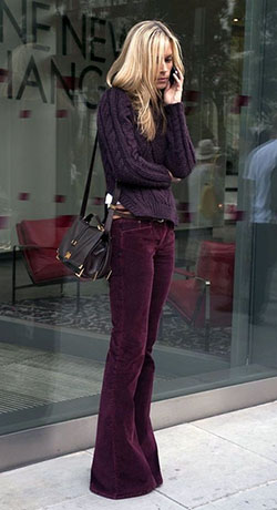 Outfit style style corduroy pants, street fashion, bell bottoms: Street Style,  Bell Bottoms,  Purple Outfit,  Corduroy Pant Outfits  