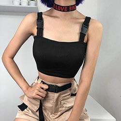 Black crop top with buckle straps: Spaghetti strap,  Crop top,  Sleeveless shirt,  T-Shirt Outfit,  Bandeau Dresses  