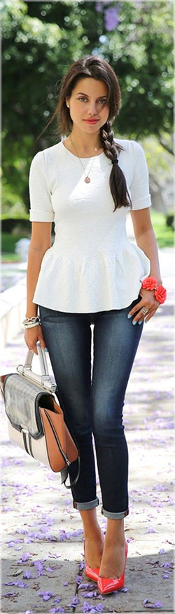 Casual Peplum Top With Jeans Outfit Stylevore ladies brunch outfit high heeled shoe, fashion design: Fashion photography,  Street Style,  Black And White Outfit,  High Heeled Shoe,  Peplum Tops  