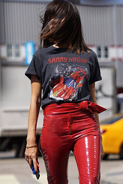 Leather pants graphic tee slim fit pants, patent leather: T-Shirt Outfit,  Latex clothing,  Street Style,  Red Outfit,  Slim-Fit Pants  