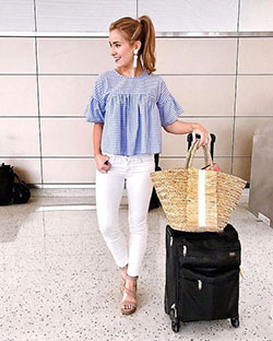 Southern prep spring outfits, street fashion, denim skirt, casual wear: White Outfit,  Street Style,  Airport Outfit Ideas  
