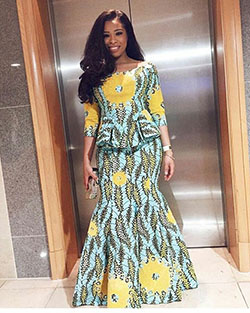 African nigerian woman dresses african wax prints, fashion design: Fashion photography,  fashion model,  Long hair,  Aso ebi,  Roora Dresses,  yellow outfit,  African Wax Prints  