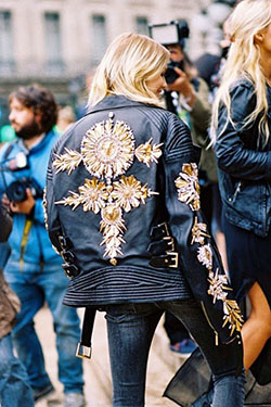 Colour outfit, you must try embellished leather jacket, leather jacket, street fashion, t shirt: T-Shirt Outfit,  Sequin Dresses,  Street Style  
