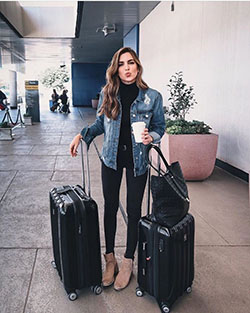 Designer outfit black travel outfit, material property, street fashion, hand luggage, jean jacket, casual wear, t shirt: Jean jacket,  T-Shirt Outfit,  Street Style,  Airport Outfit Ideas  