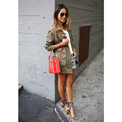 Military jacket summer street style: T-Shirt Outfit,  Street Style,  Julie Sariñana,  Orange And Beige Outfit,  Cargo Jackets  