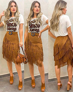 Beige and brown outfit with miniskirt, skirt: Fashion photography,  fashion model,  Beige And Brown Outfit,  Fringe Skirts  