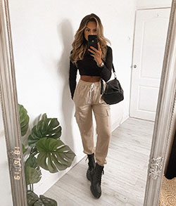Cargo Pants And Boot Outfits, cargo pants, crop top: cargo pants,  Crop top,  Khaki And White Outfit,  Loungewear Dresses,  Sand Top  