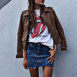 Brown and white vogue ideas with leather jacket, denim skirt, leather: Denim skirt,  Leather jacket,  Brown And White Outfit  