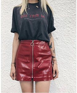 Maroon outfit ideas with leather skirt, pantyhose, miniskirt: Leather skirt,  T-Shirt Outfit,  Street Style,  Maroon Outfit  